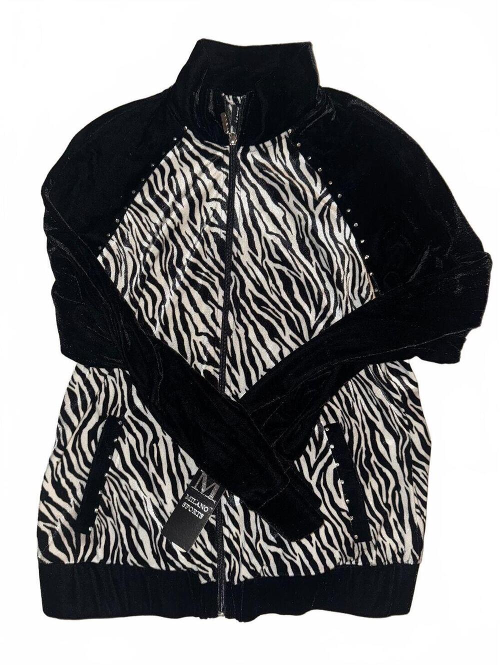 Boutique Women's Milano Sport Velour Zebra Print Full Zip Sweatshirt Size M NWT